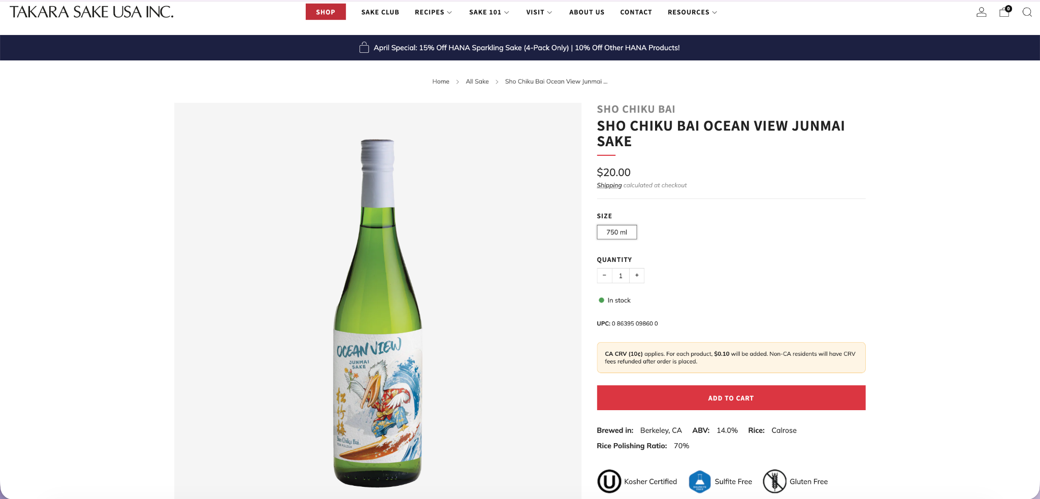 Sho Chiku Bai Ocean View Junmai Sake