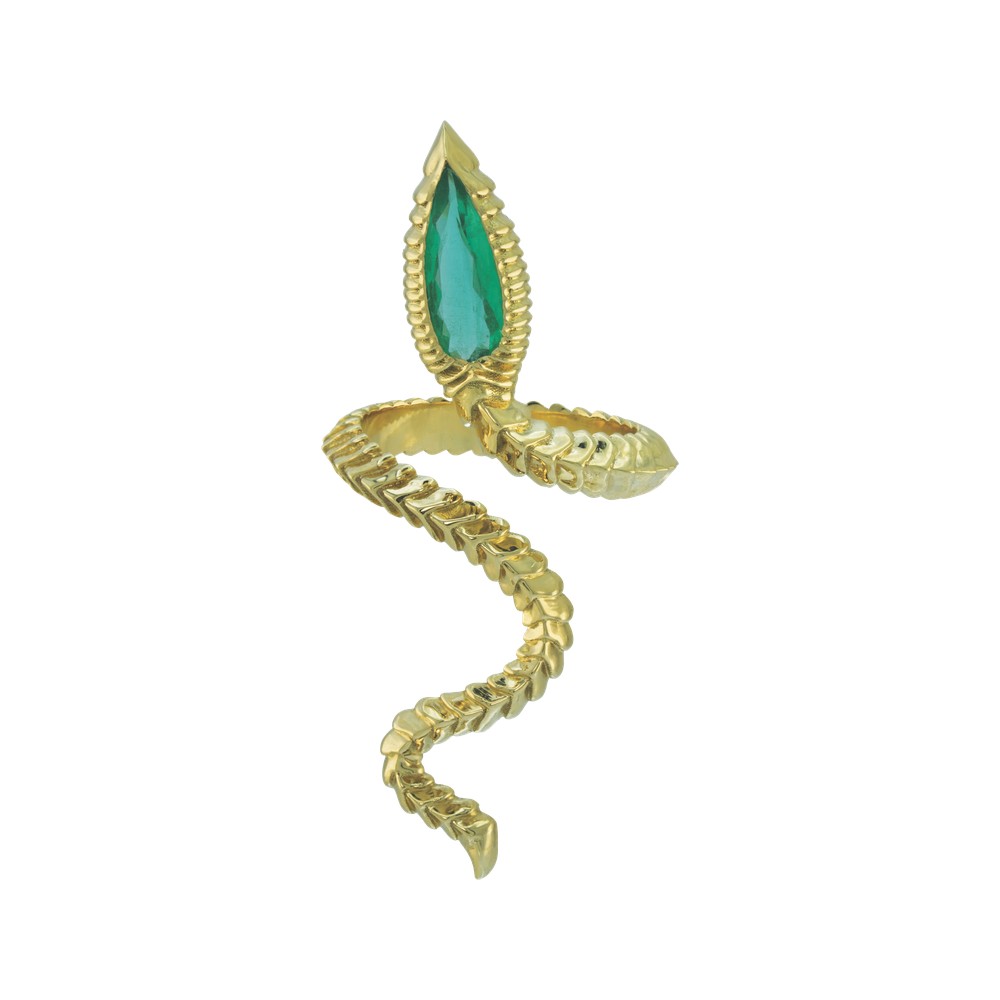 Albisia Moment of the Year Ring Albisia gold serpent wrap ring with green stone