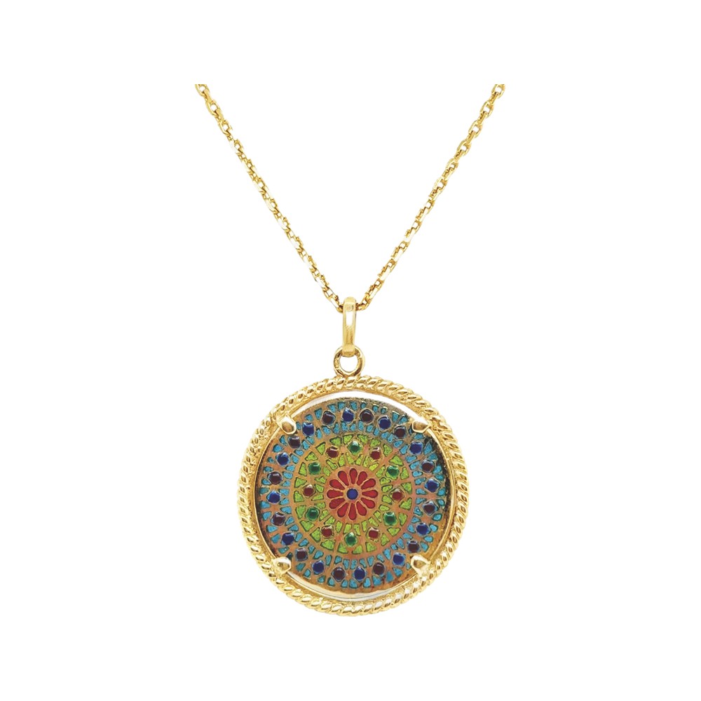 RockShop 18KY Vintage Plique-À-Jour Cathedral Pendant RockShop vintage plique-à-jour French enamel cathedral pendant on a gold chain
