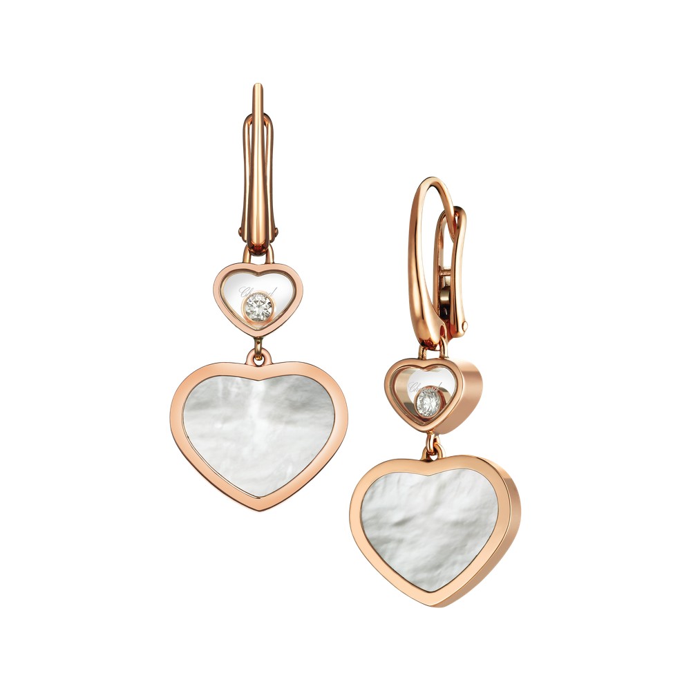Chopard Happy Hearts Earrings in rose gold with mother-of-pearl hearts and diamonds