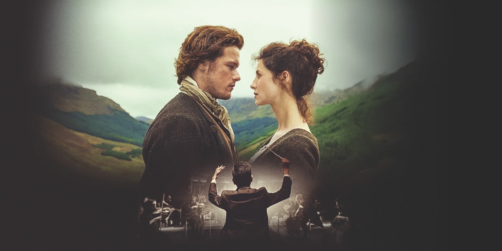 The Arts – Outlander in Concert Outlander characters Jamie and Claire embracing in the Scottish Highlands